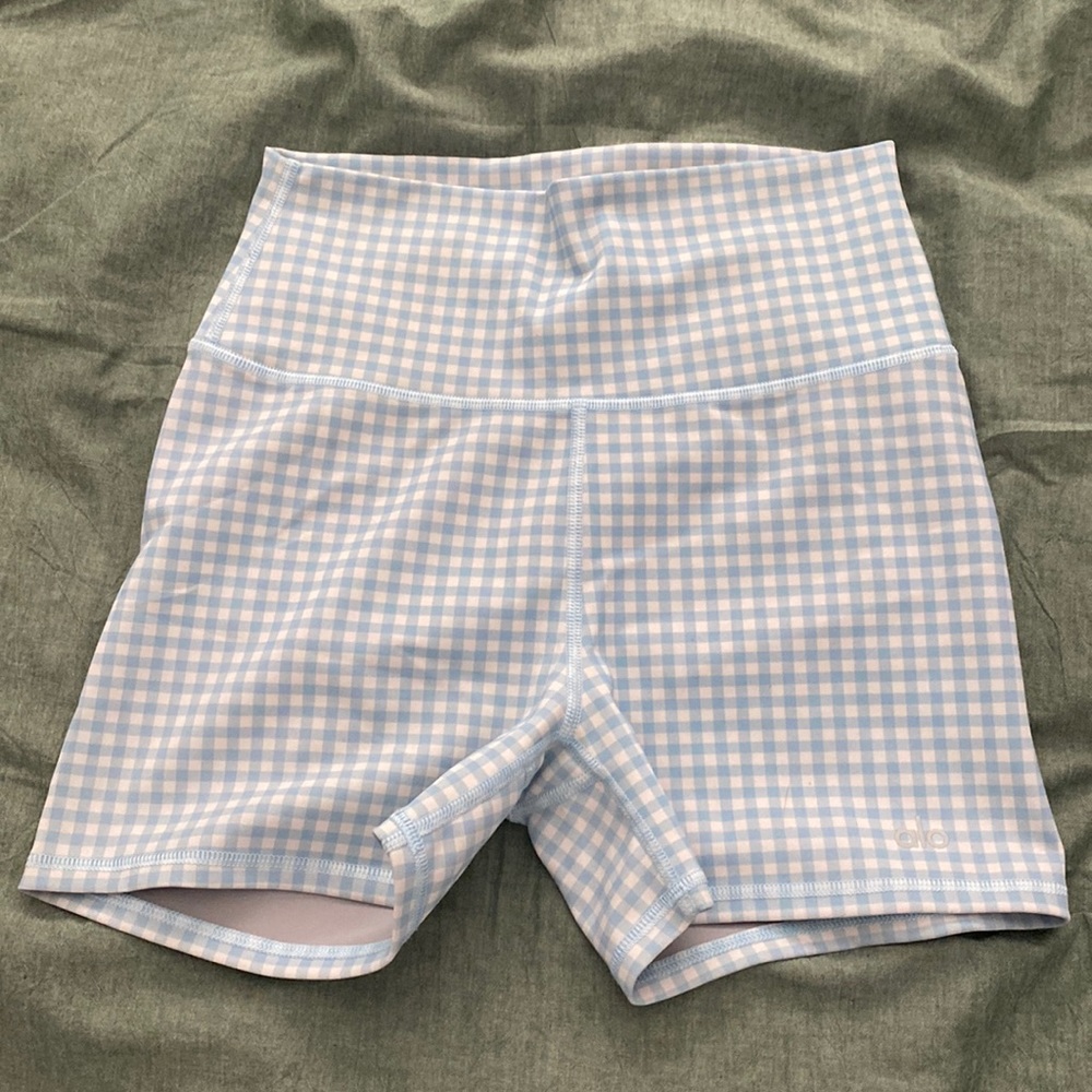 Blue and white high waisted Alo Yoga shorts